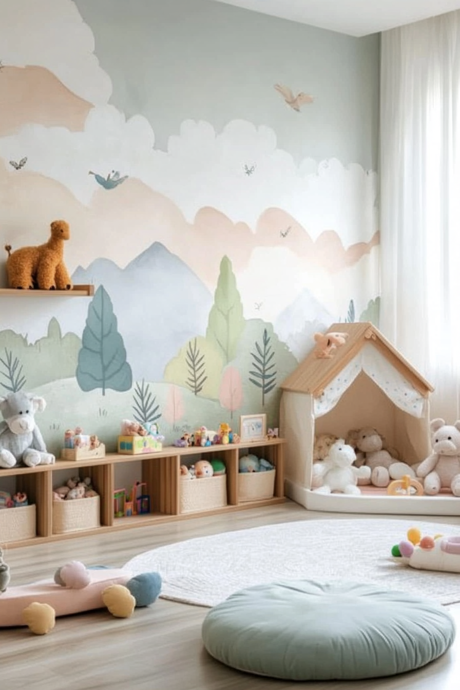 Baby room view. Nature-themed, pastel-colored murals, low wooden shelves with stuffed animals, exploration corner.