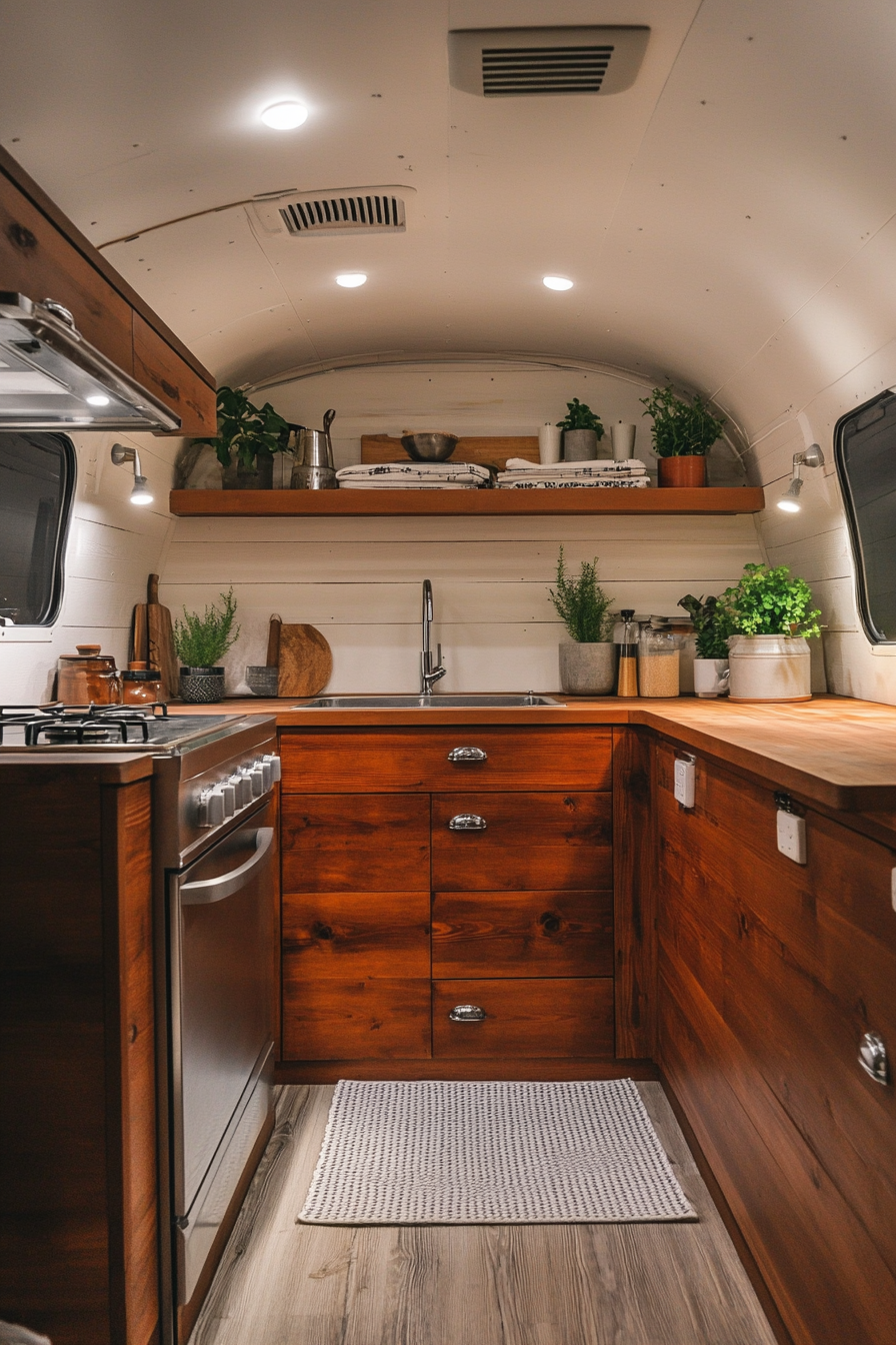 Wide angle view. Classic camper kitchen with teak cabinets, brushed silver retro knobs.