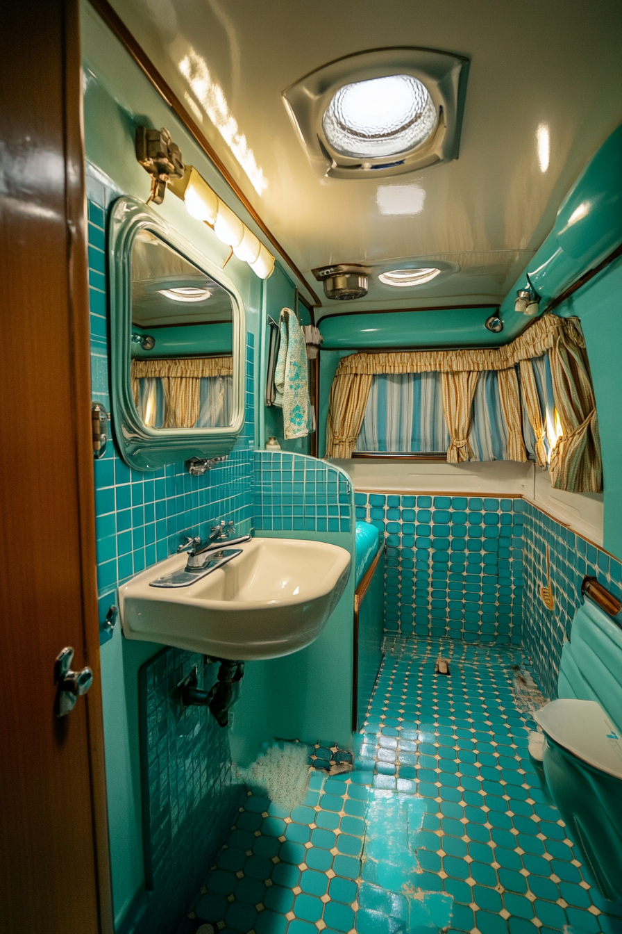 Wide angle view. 1950s inspired RV bathroom, turquoise vintage tiles, classic screw-mount fixtures.