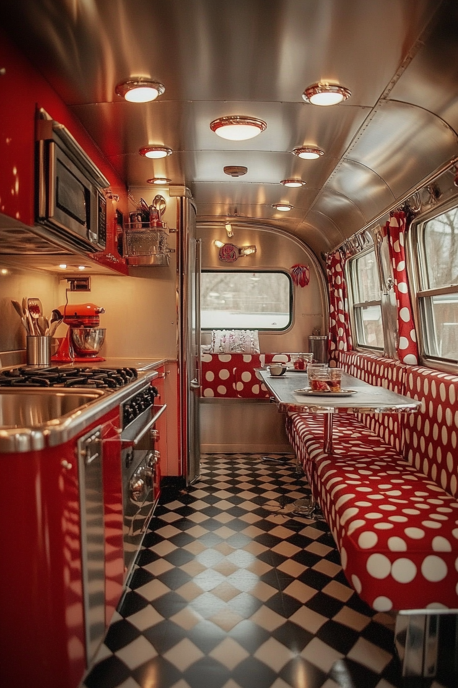 Wide-angle Americana tiny house kitchen. Chrome details, polka-dotted booth seating.