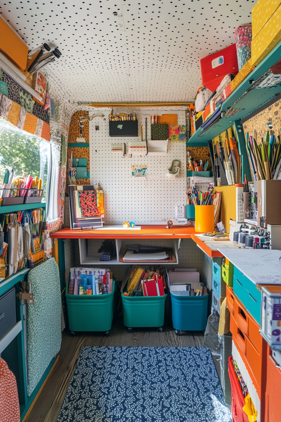 Wide-angle view. Mobile studio with colorful pegboard storage and matching fabric bins