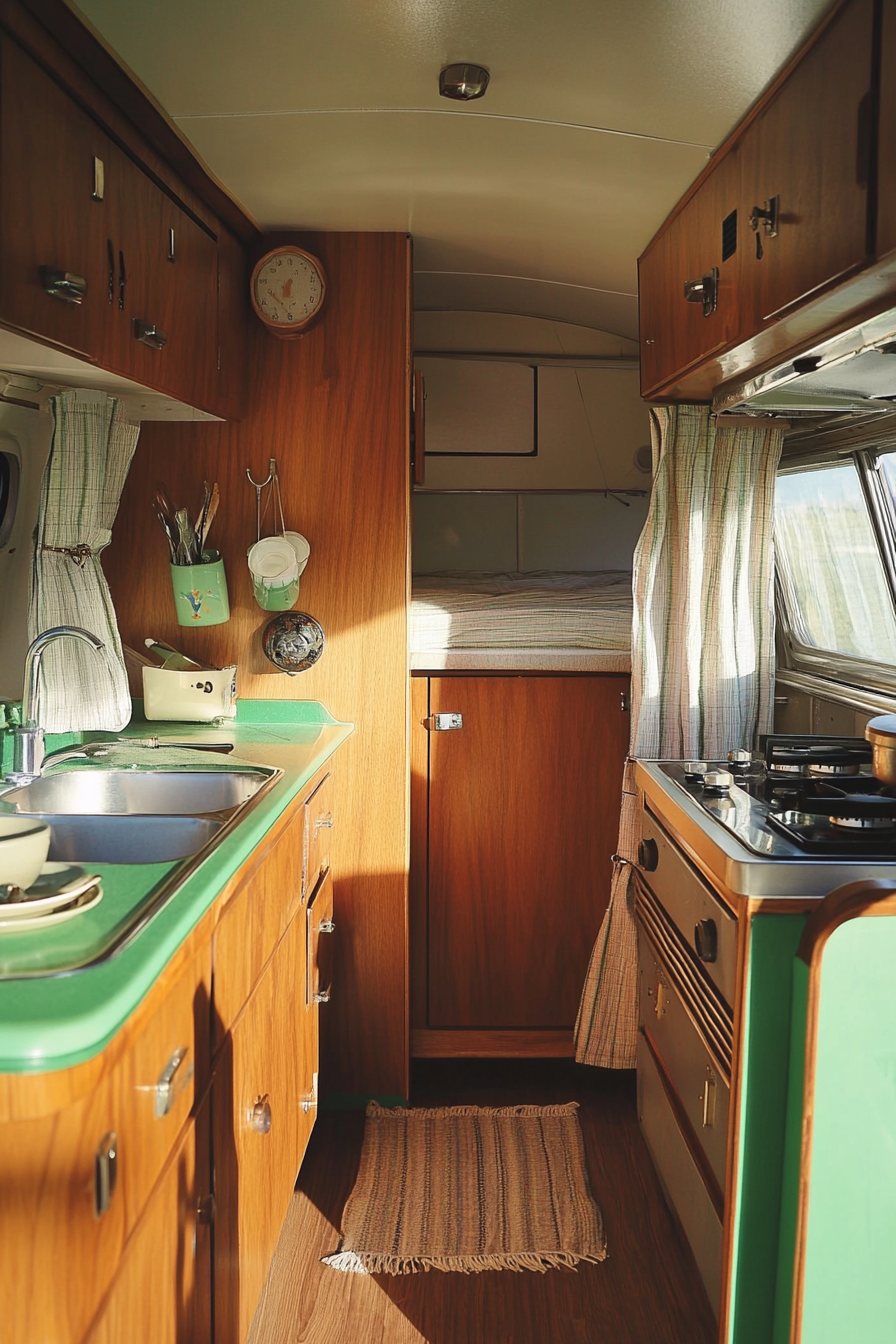 Wide angle view. Classic camper kitchen with bright teak cabinets and time period-appropriate hardwares.