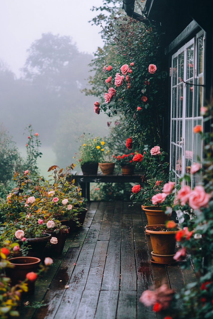 Wide-angle view. Morning fog over English countryside, tiny house deck with flower pots and climbing roses.