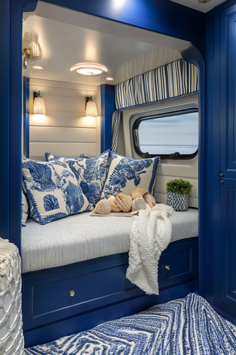 Wide angle coastal-inspired RV. Natural fibers upholstery, shell trimmings, deep-blue paint hues.