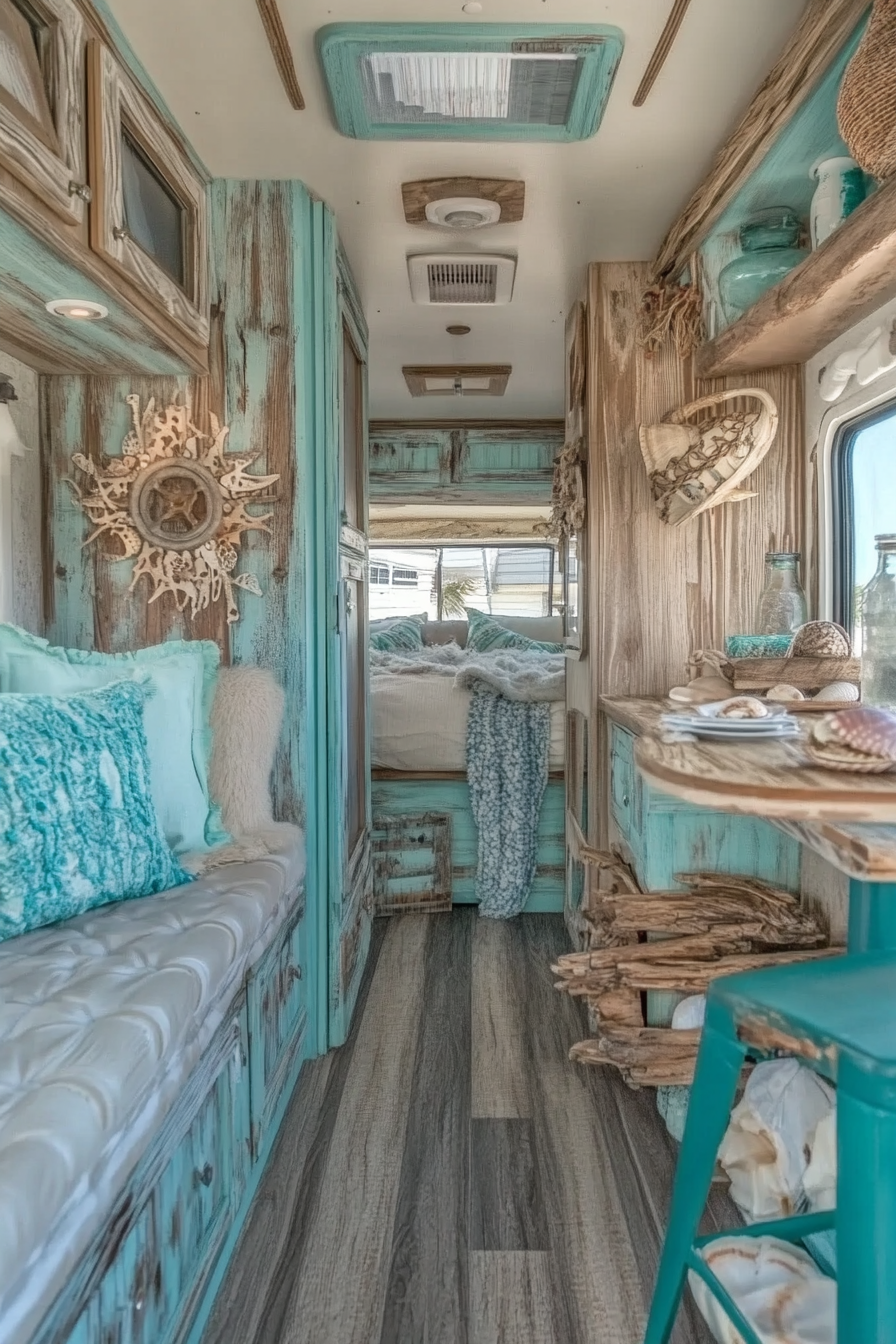 Coastal-inspired RV. Driftwood furniture, seashell display, turquoise accents.