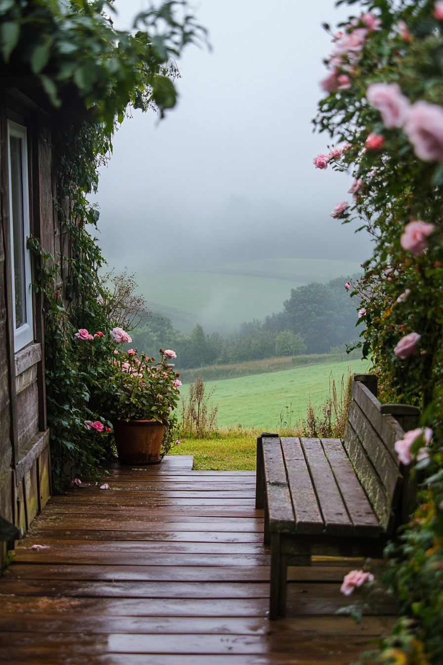 Wide angle view. Tiny house deck. Climbing roses set amidst foggy English countryside.