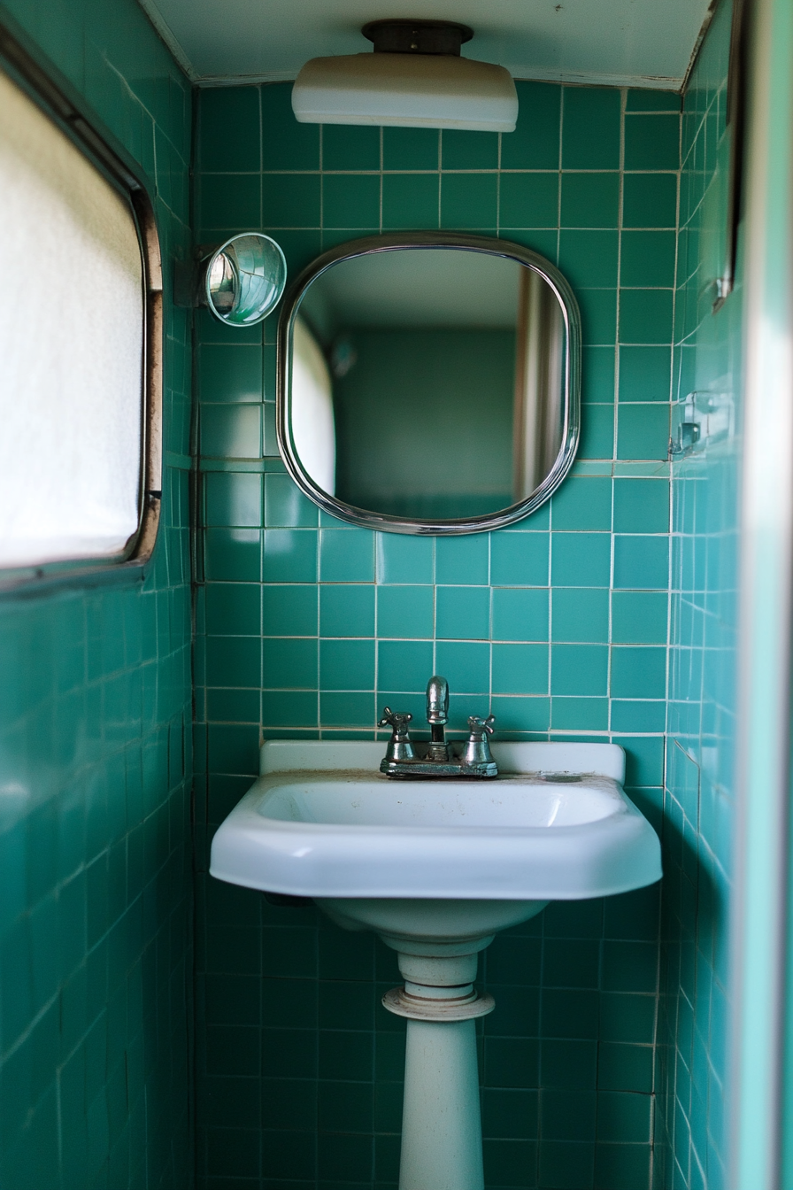 1950s RV bathroom. Teal vintage tile patterns, white pedestal sink, oval mirror.