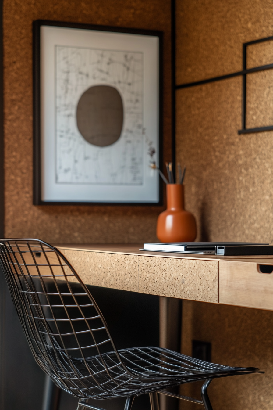 Professional mobile workspace. Oak desk featuring mid-century wireframe chair and cork panel backdrop.