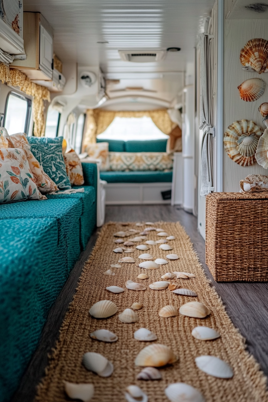 Wide angle view of RV. Multicolored seashells collection, sisal rugs, turquoise upholstery.