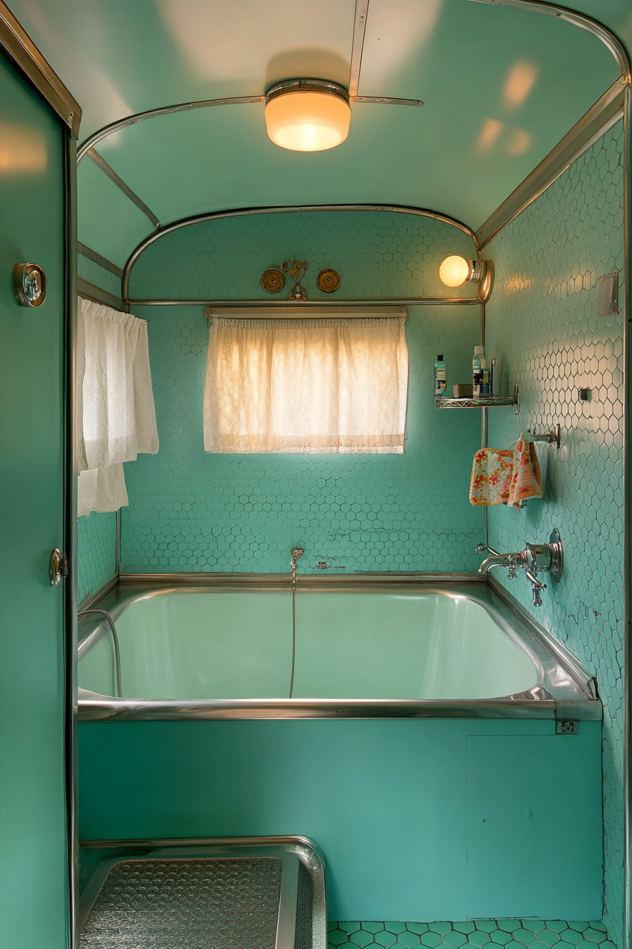 1950s RV bathroom. Classic steel bathtub, turquoise hexagonal tile, art deco sconces.