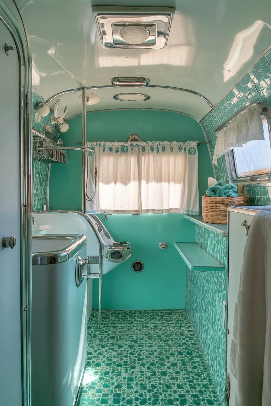 Wide-angle view.1950s inspired RV bathroom. Turquoise patterned vintage tile. Polished chrome fixtures.