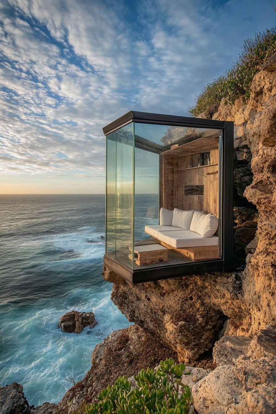 Wide-angle tiny home. Glass walls, built-in bench, perched clifftop, expansive ocean views.