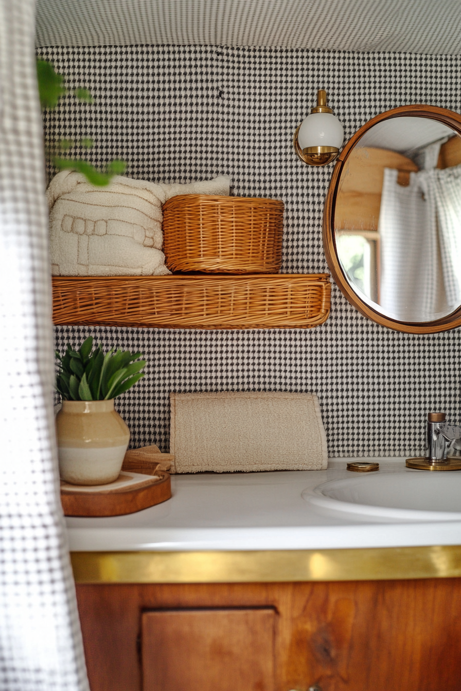 Mid-century camper bathroom. Brass-basket wall shelf on houndstooth wallpaper backdrop.