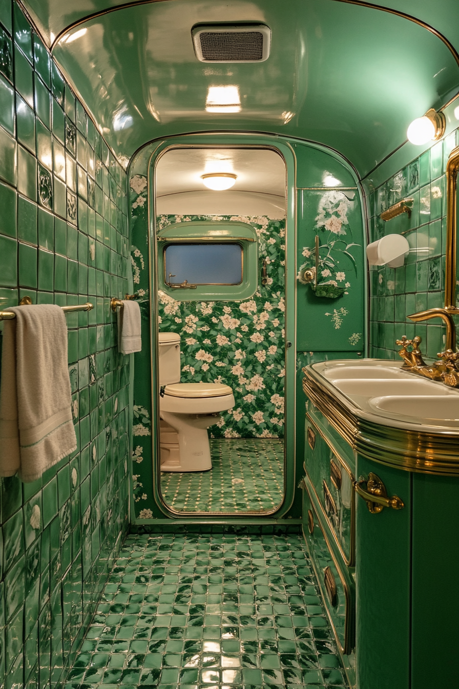 1950s inspired RV bathroom. Green vintage tile patterns with gold faucets.