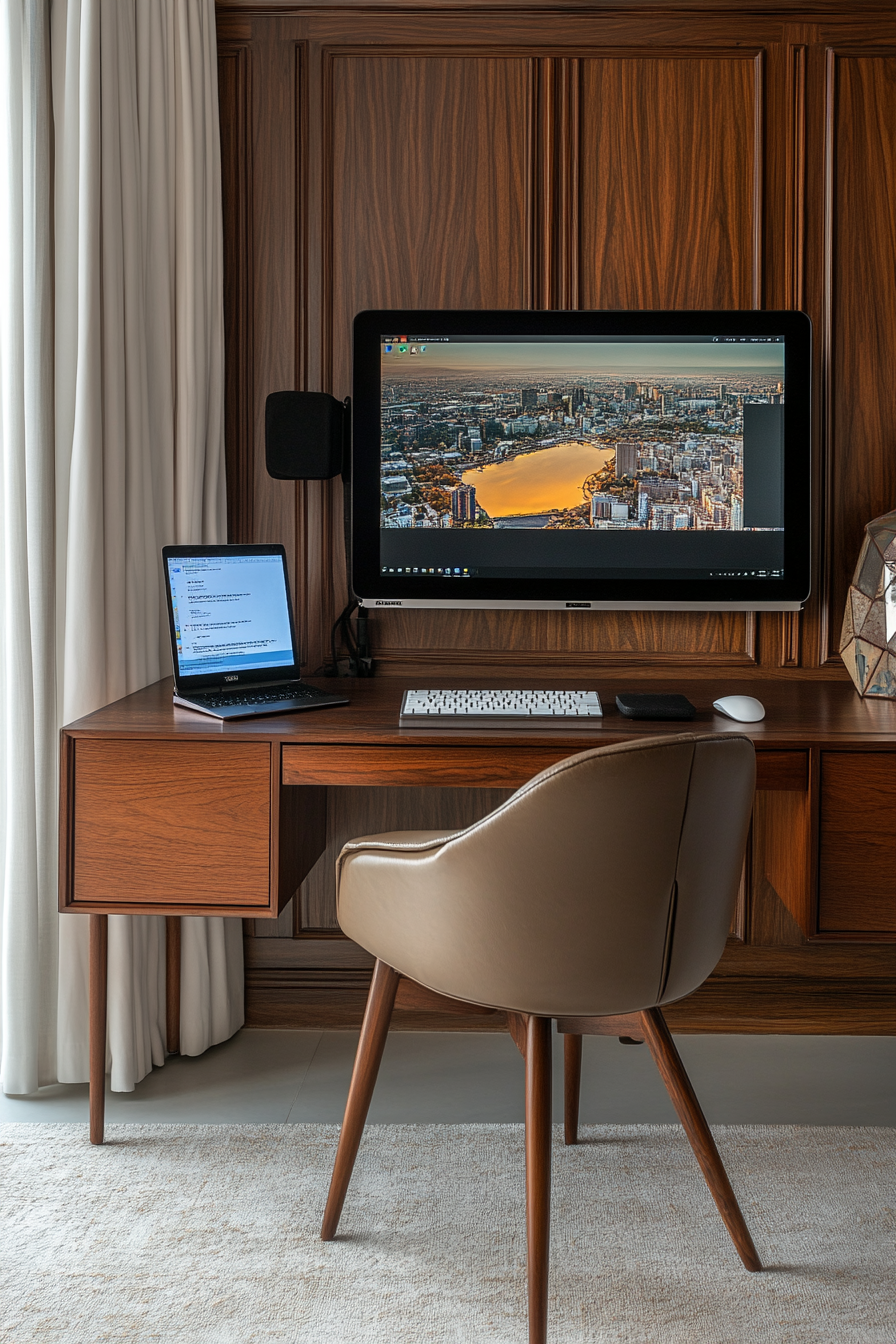 Wide-angle view. Dark mahogany desk, mid-century chair, mounted monitor and cutting-edge mobile devices.