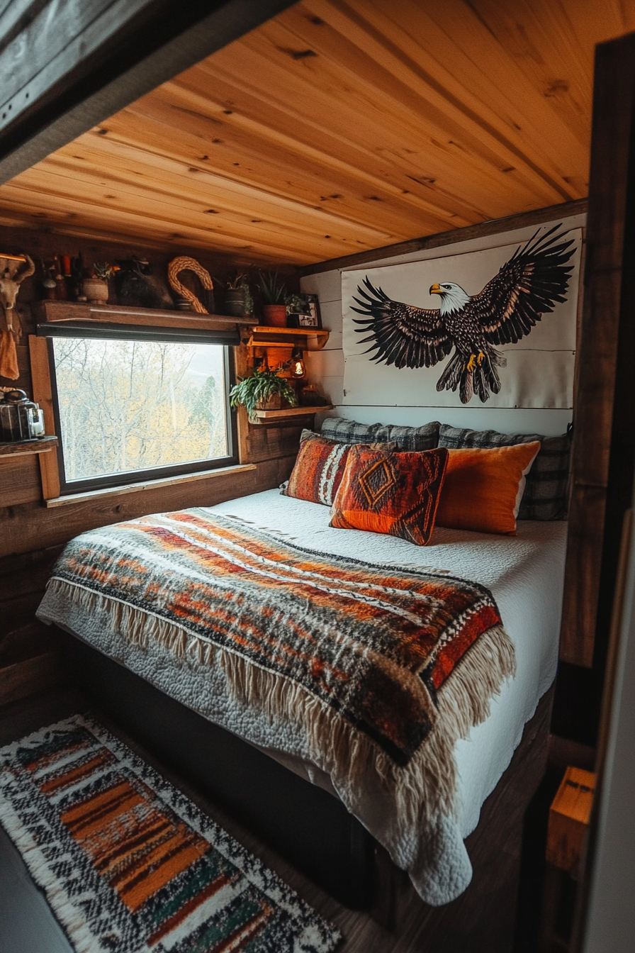 Southwestern tiny house bedroom. Earth-toned master bed, plaid throw, woven eagle wall tapestry, distressed wide-angle shot.