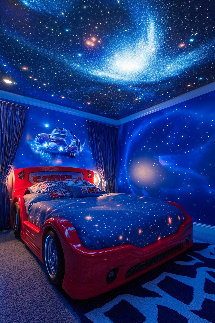 Space-themed sleeping quarters. Star projector above race car bed, nebula-patterned rug on the floor.