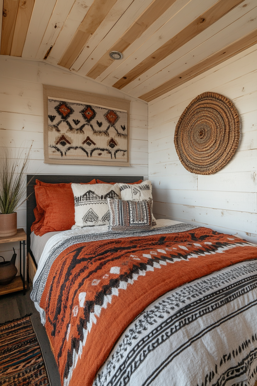 Southwestern tiny house bedroom. Wide angle with terra cotta bedding and woven wall decor.