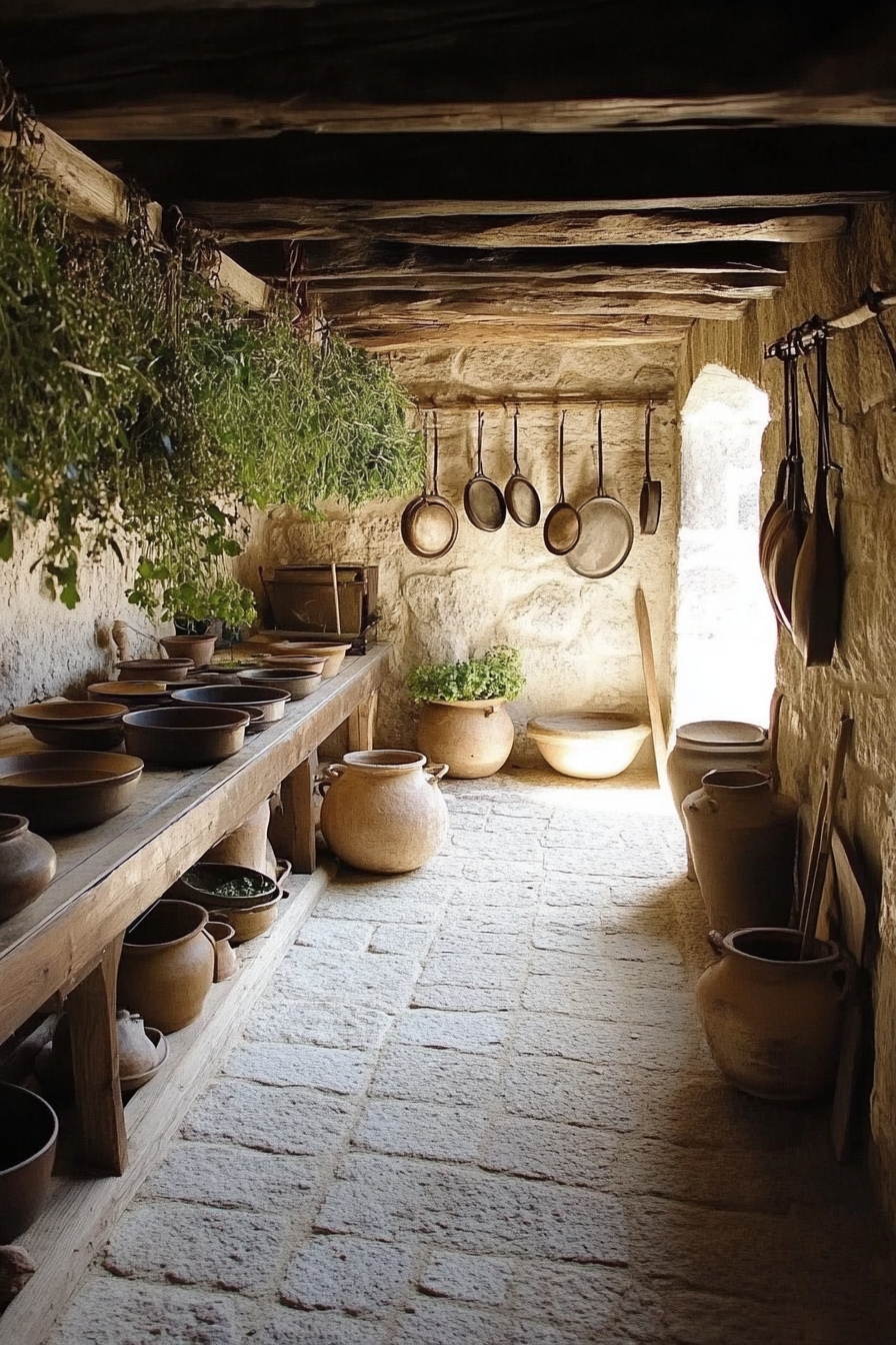 Wide angle view. Provincial cooking space with herbs hanging and pottery arrayed.