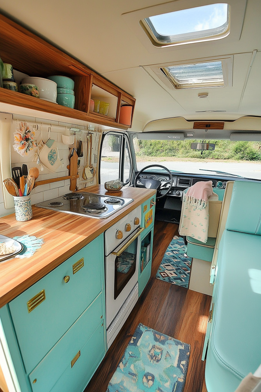 Wide angle of camper kitchen. Teak cabinets and pastel-coloured retro-inspired hardware.