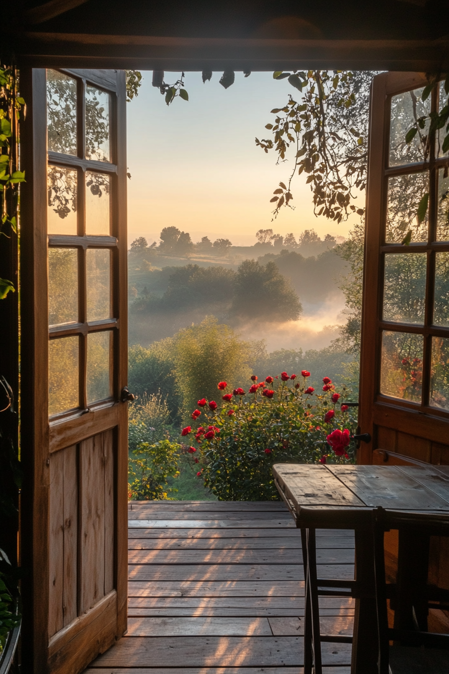 Wide angle countryside view. Tiny house deck with rose coverage, early dawn mist.