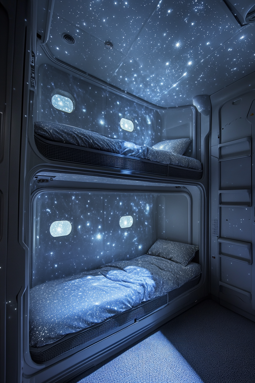 Wide-angle view of sleeping quarters. Nebula-themed projector stars illuminating lunar grey bunk beds.