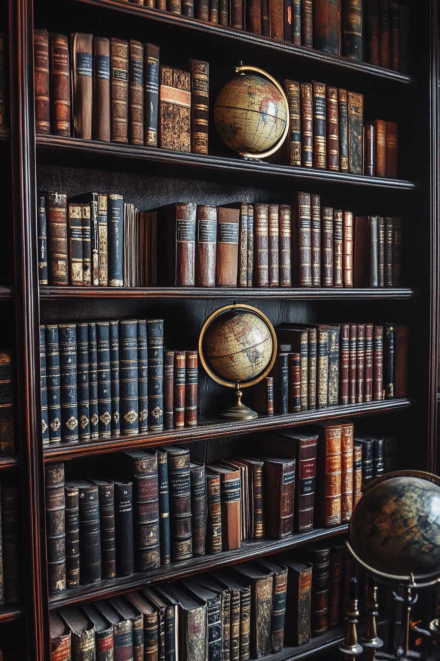 Dark academia library. Mahogany shelves stocked with vintage books, antique globes, and brass candlestick holders.