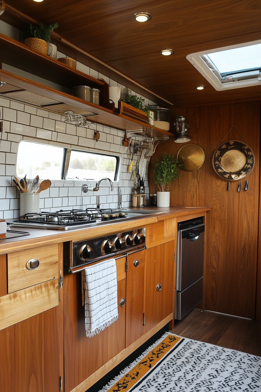 Wide angle view. Classic camper kitchen. Teak cabinets, retro-inspired hardware.