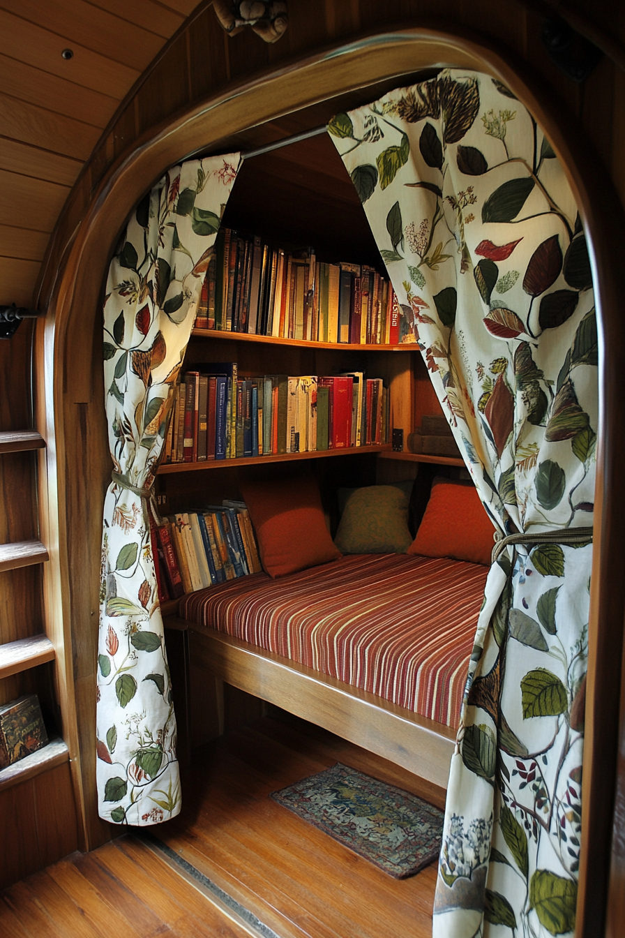 Wide angle view. Storybook-inspired mobile library. Nooks hidden within leaf-patterned, decorative curtains.