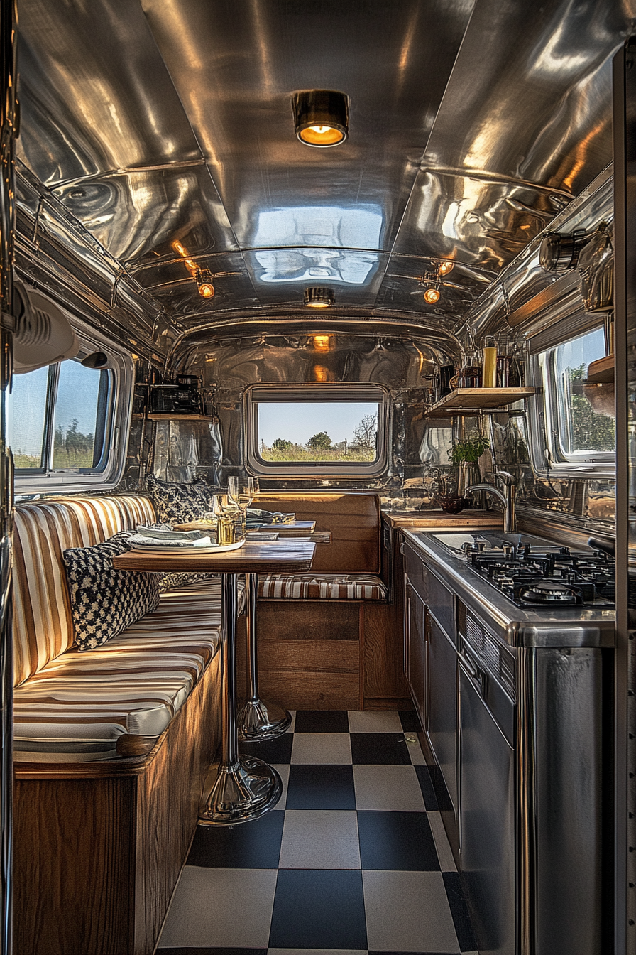 Classic Americana tiny house kitchen. Chrome details, booth seating, wide-angle view.