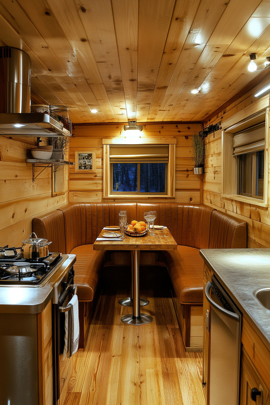 Classic Americana tiny house kitchen. Pine wood, booth seating, and chrome accents.