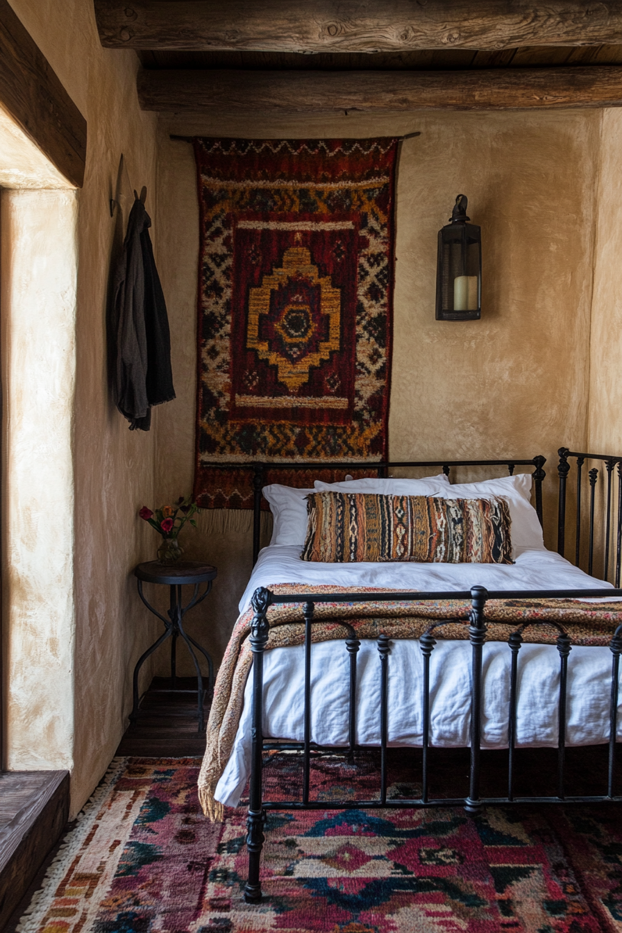 Southwestern tiny house bedroom. Sandstone palette, throw rug, wrought iron bed and vertical, woven tapestry.