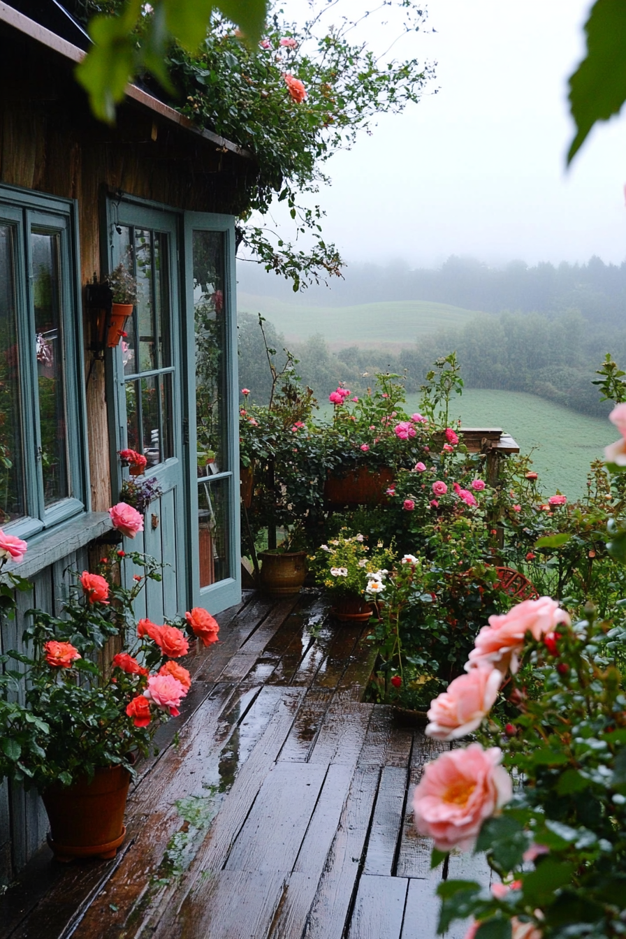 Wide angle view, tiny house deck, flower-filled, climbing roses, English countryside, morning fog.