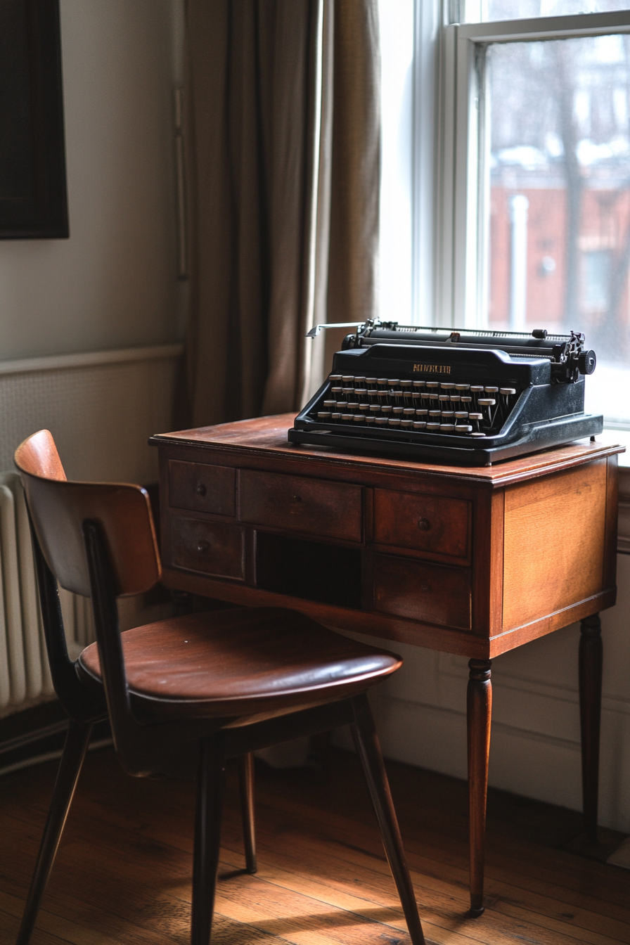 Professional mobile workspace. Vintage typewriter on mahogany desk with Herman Miller chair.