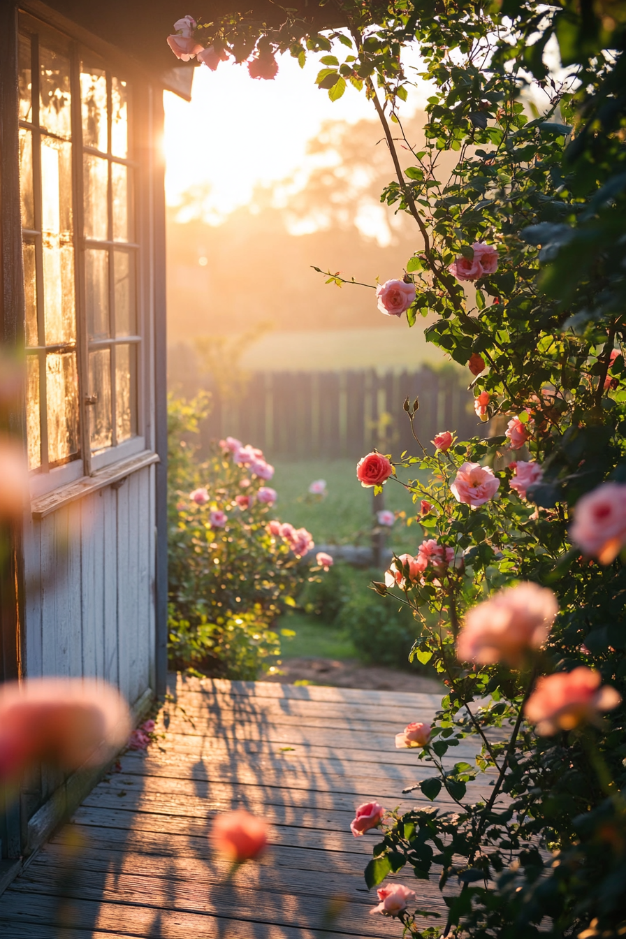 Wide angle view. Tiny house deck framed with blooming roses, haze of English countryside morning.