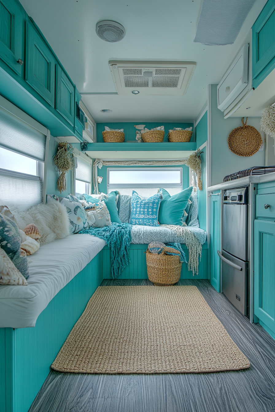 Wide angle view of coastal RV. Turquoise walls, shell decor, seagrass mats.