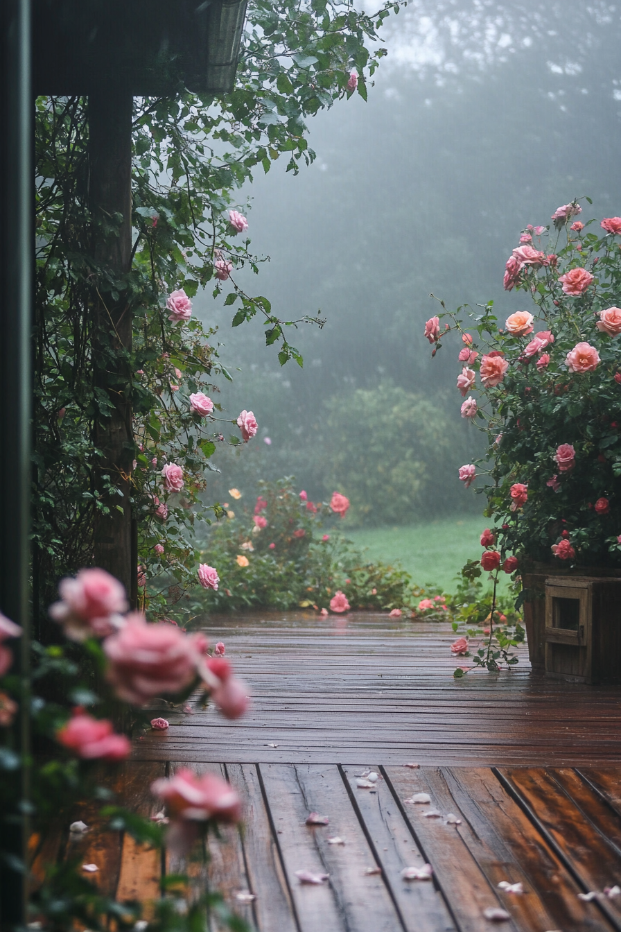 Tiny house deck scene. Morning fog rolling over English countryside dotted with flower-filled climbing roses.