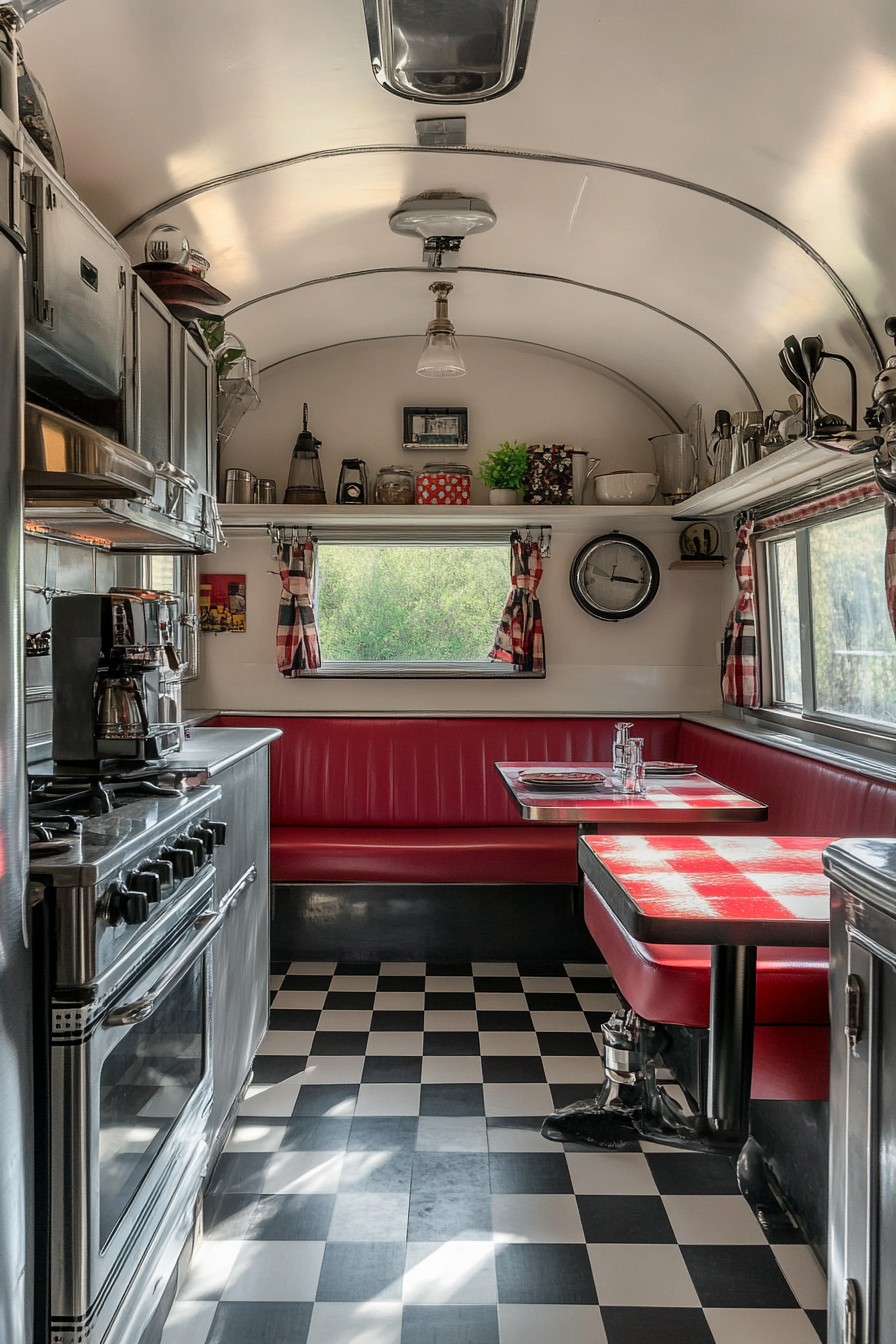 Classic Americana tiny house kitchen. Chrome fixtures, checkerboard floor, booth seating.