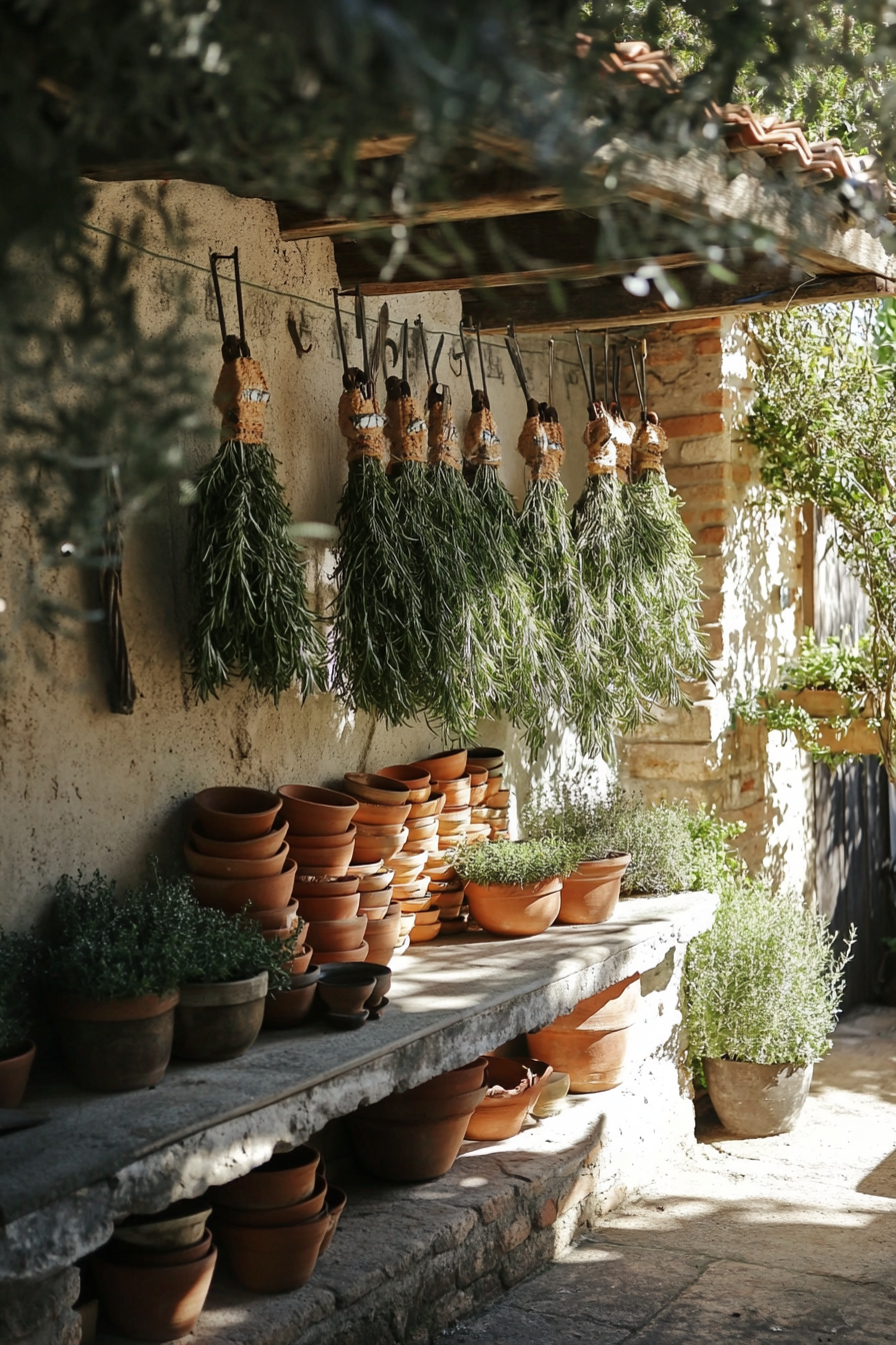 Wide angle provincial cooking space. Hanging rosemary bunches, stacked terracotta pots.