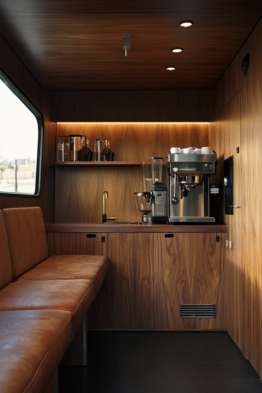 Wide angle upscale mobile workspace. Customized coffee station, plush leather seating, and details in walnut wood.