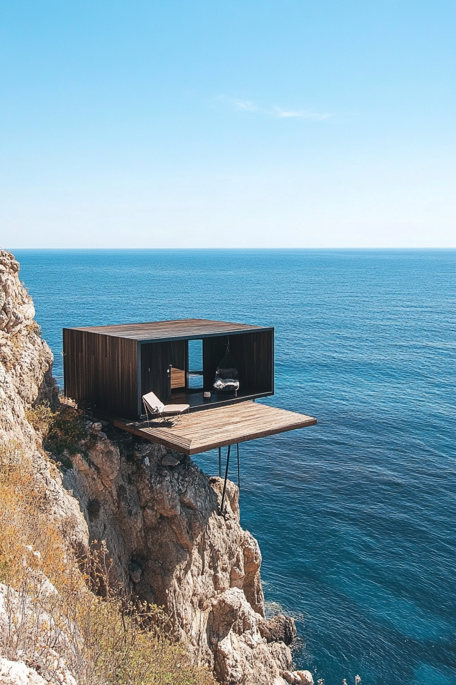 Wide angle view. Tiny home on clifftop, sleek wooden platform seating, panoramic blue ocean.