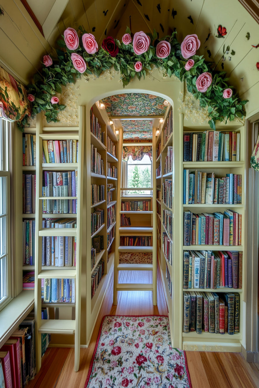 Wide angle view of storybook-inspired mobile library. Rose covered rolling ladder leading to hidden nook.