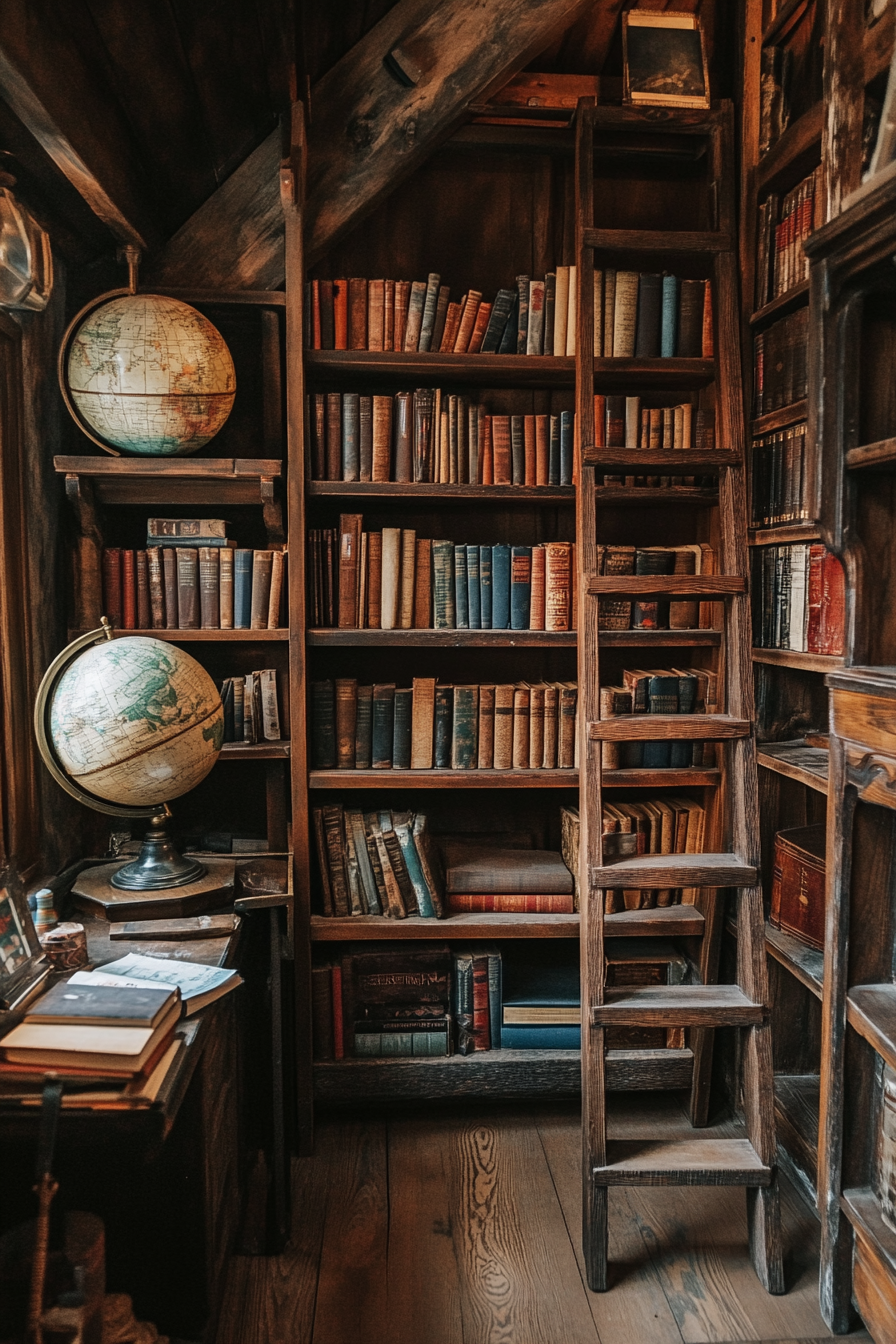 Wide angle view. Dark academia tiny house library, vintage books, antique globes and wooden ladders.