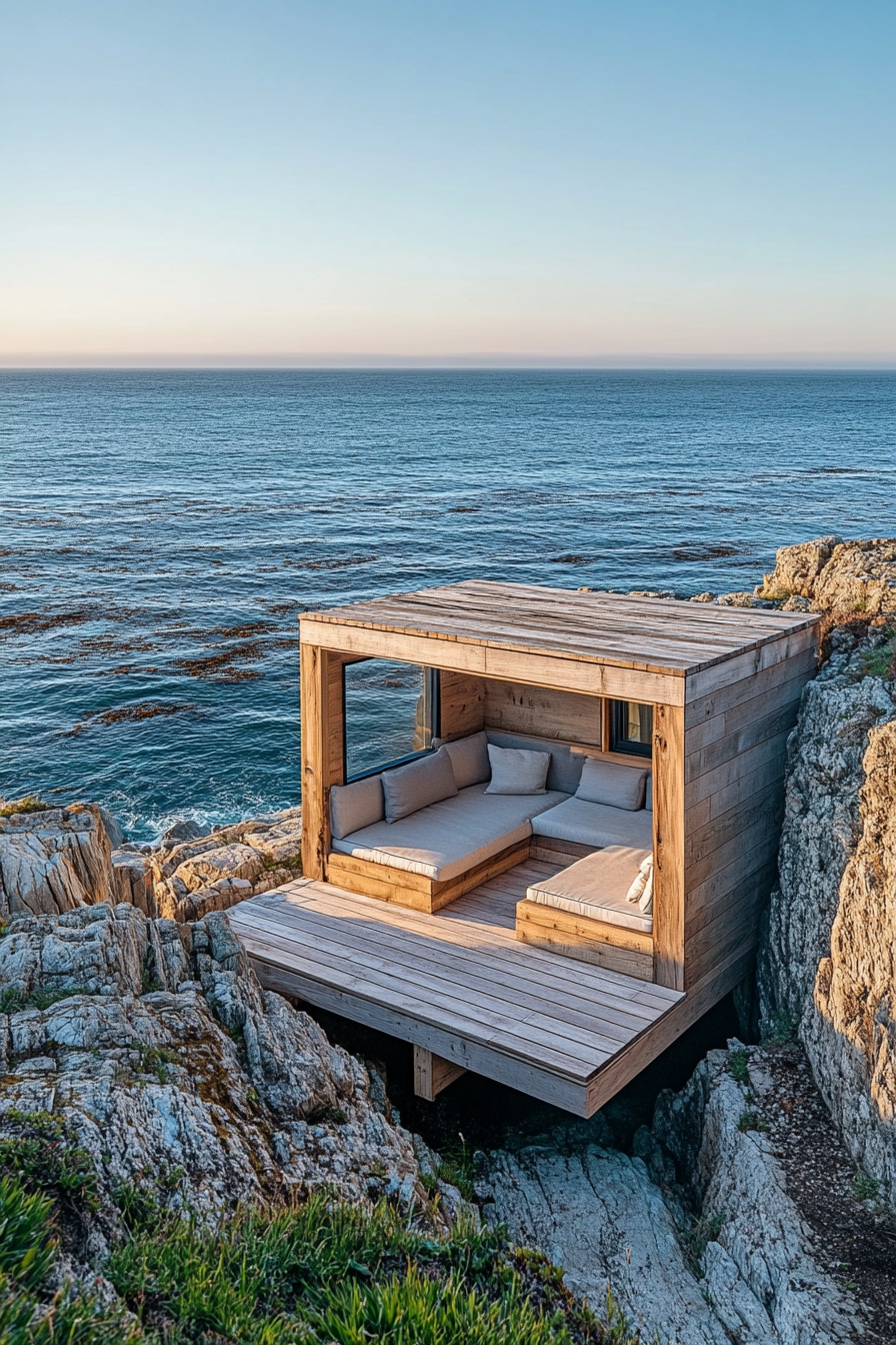 Wide angle view. Tiny home platform with built-in seating on clifftop, overseeing panoramic ocean.