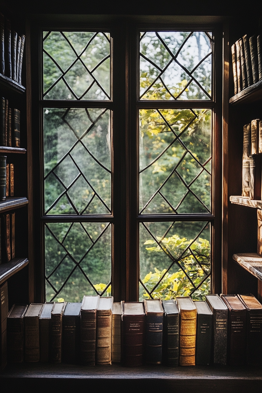 Dark academia tiny house library. Sunlight filtering through leaded windows onto vintage, leather-bound books.