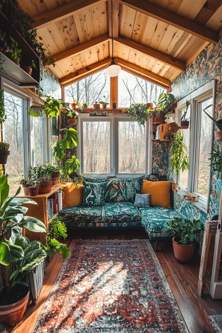 Wide angle view. Tiny house. Greenhouse windows, plant-filled, botanical wallpaper.