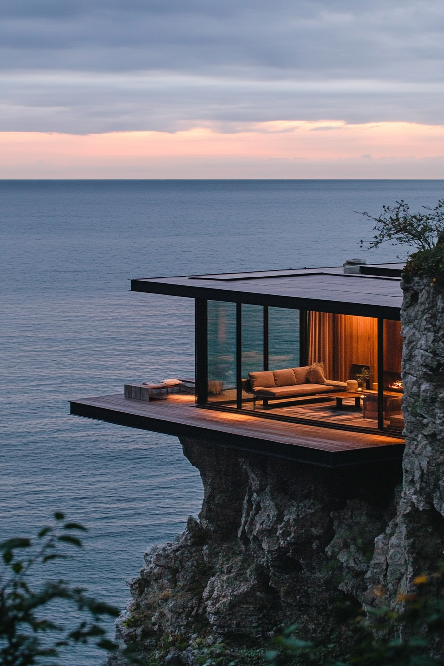 Tiny home. Sleek platform with built-in seating, wide-angle ocean view from a clifftop.