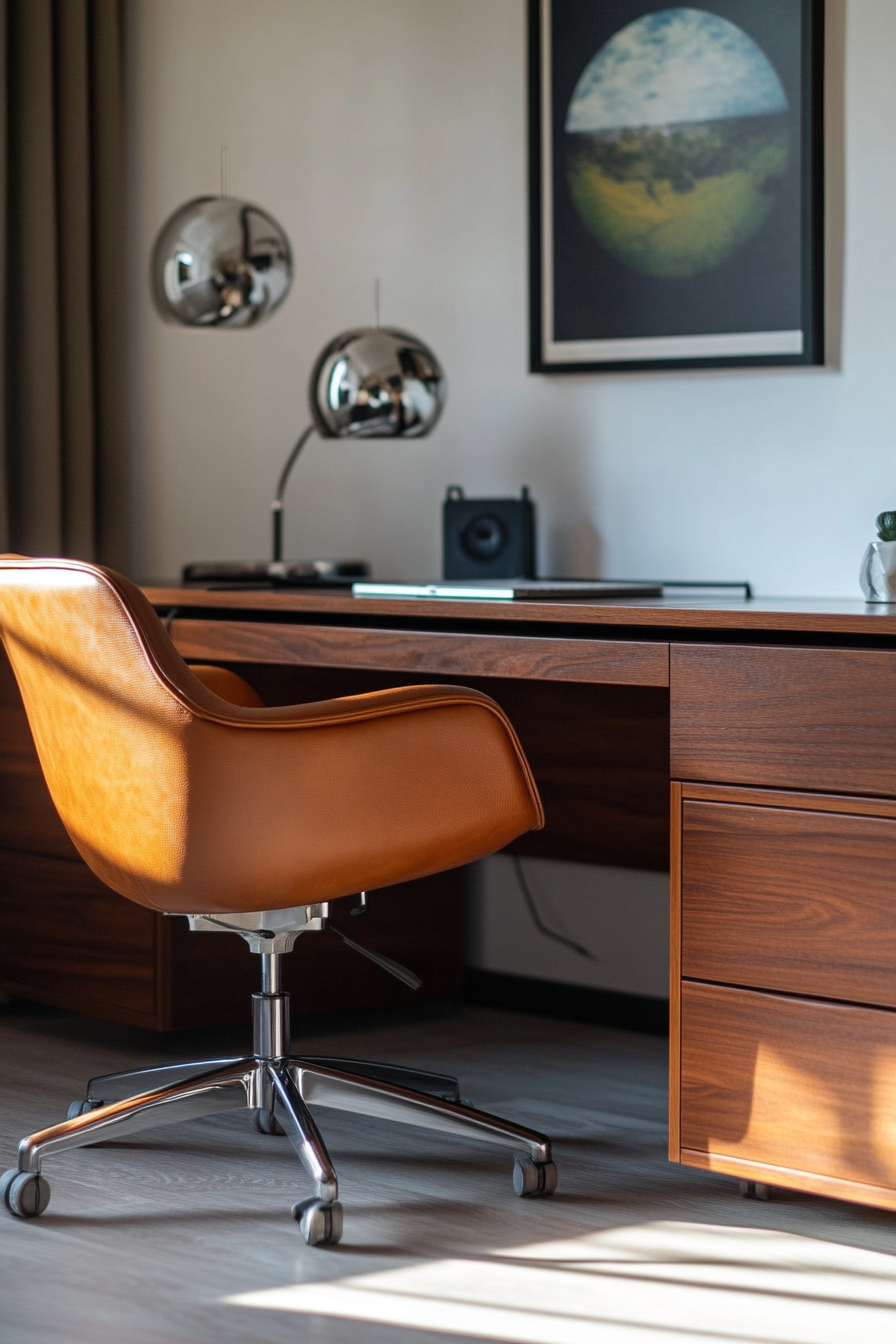 Professional mobile workspace. Wide angle with mahogany desk and mid-century leather swivel chair.