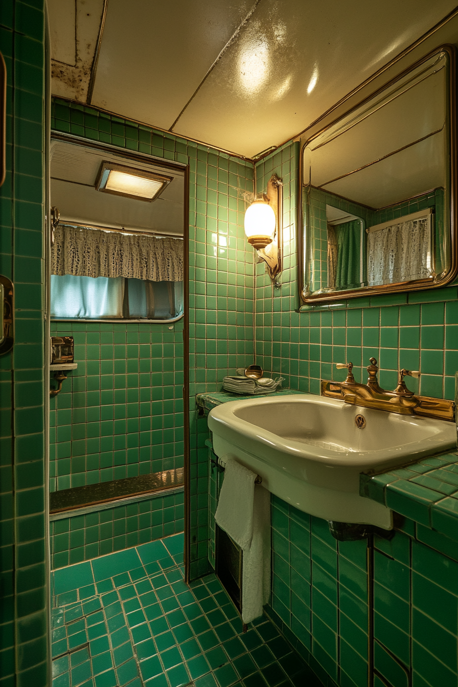 Wide angle view. 1950s RV bathroom, green vintage tiles, classic brass fixtures.