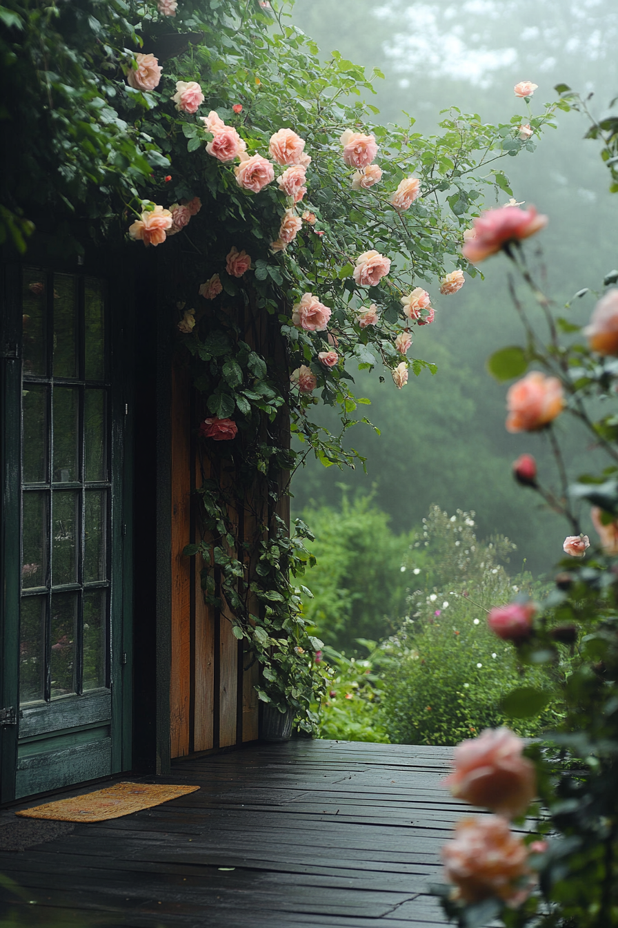 Wide angle view. Flower-laden tiny house deck. Climbing roses. English countryside. Morning fog.